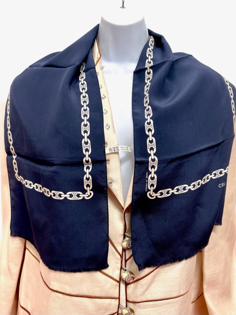 Unused -French Made  Celine silk scarf   46" x11" Black Blue logo Fringe ( 21)